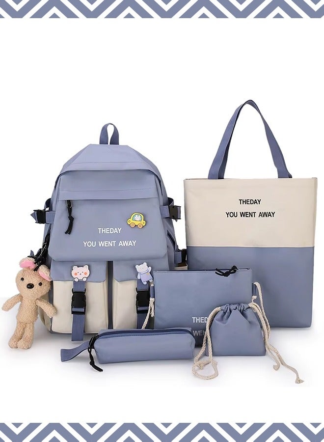 MLADEN School Bag 5 Pieces Set Kids Elementary School Bags Cartoon Travel Casual Daypack Backpack Lunch Bag Pencil Case Handbag Coin Purse With Random Plush Pendant And Badge Decoration（Blue&White） - Image 4