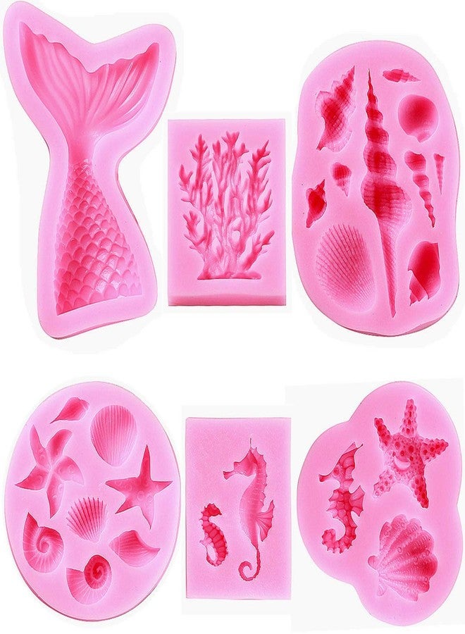 HASTHIP Fondant Silicone Mold,Seashell,Conch, Mermaid Tail,Seahorse,Starfish,Coral, DIY Handmade Baking Tools for Mermaid Theme Cake Decoration(6pack), 10L x 10W x 5H cm - Image 1