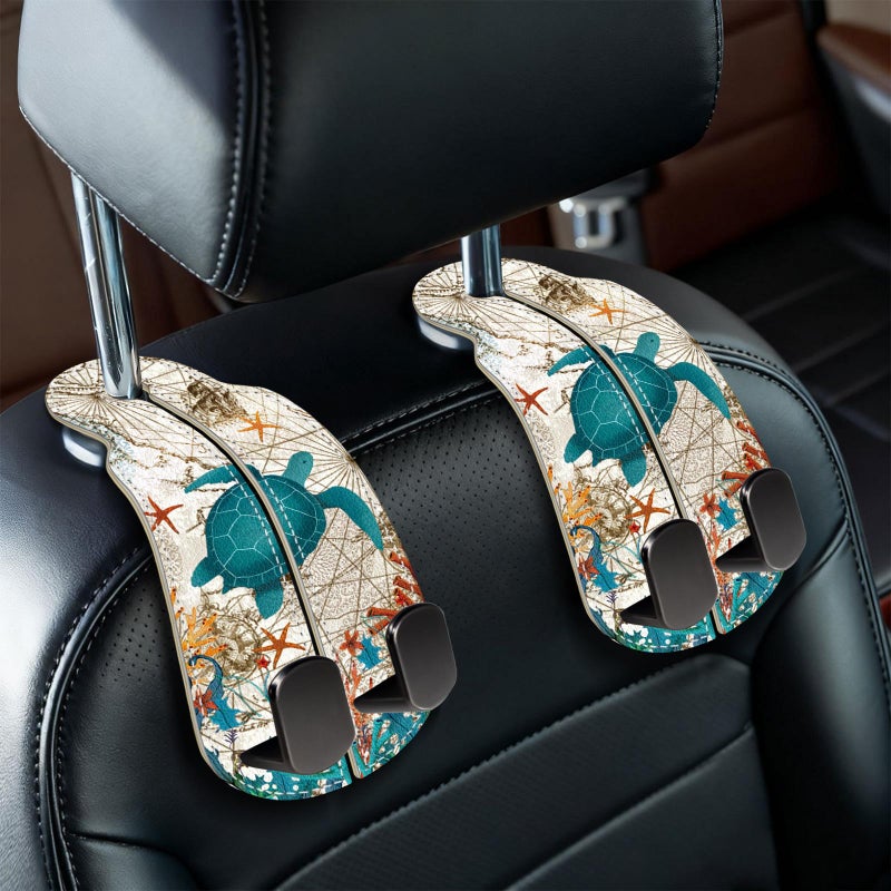 Blusabaca 2PCS Car Seat Back Storage Headrest Hooks, Sea Turtle Purse Holder Bags Hanger, PU Leather Double Metal Hook for Backseat Organizer, Women Car Accessories Organization - Image 1