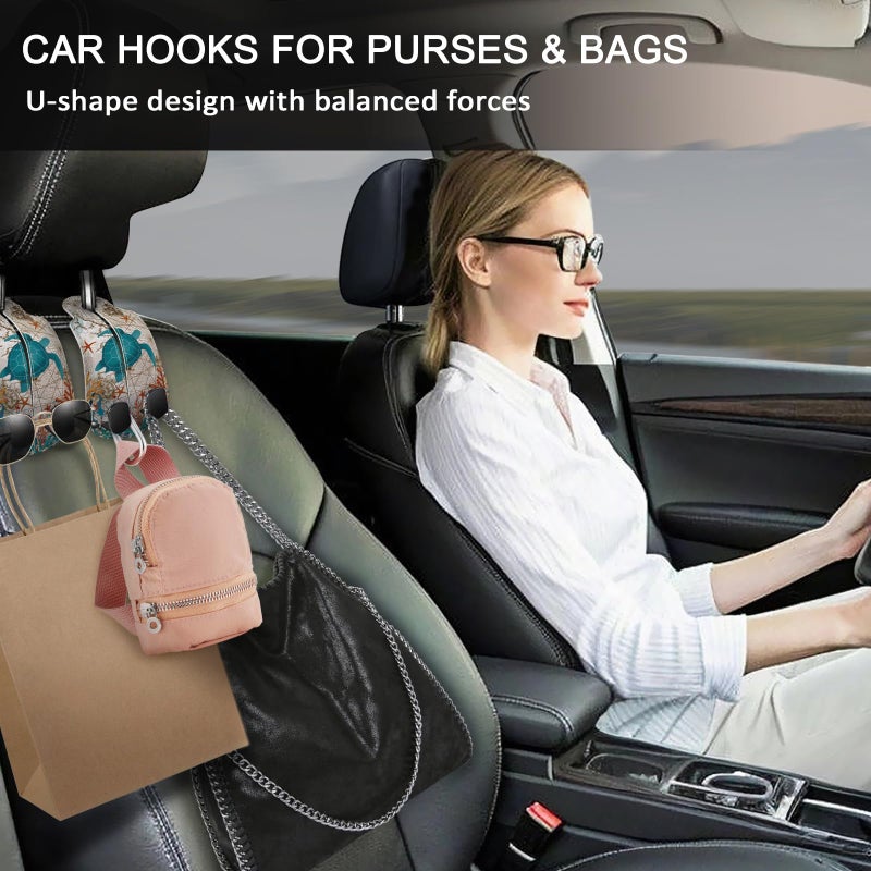 Blusabaca 2PCS Car Seat Back Storage Headrest Hooks, Sea Turtle Purse Holder Bags Hanger, PU Leather Double Metal Hook for Backseat Organizer, Women Car Accessories Organization - Image 2