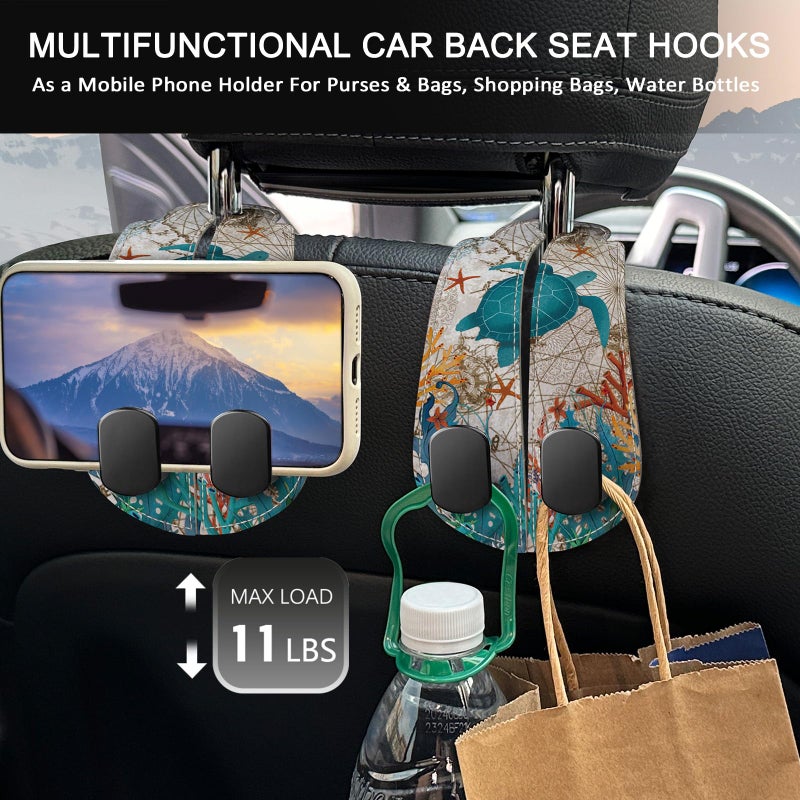 Blusabaca 2PCS Car Seat Back Storage Headrest Hooks, Sea Turtle Purse Holder Bags Hanger, PU Leather Double Metal Hook for Backseat Organizer, Women Car Accessories Organization - Image 3
