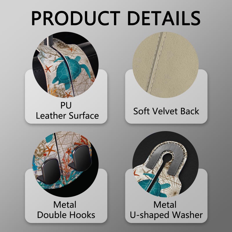 Blusabaca 2PCS Car Seat Back Storage Headrest Hooks, Sea Turtle Purse Holder Bags Hanger, PU Leather Double Metal Hook for Backseat Organizer, Women Car Accessories Organization - Image 4