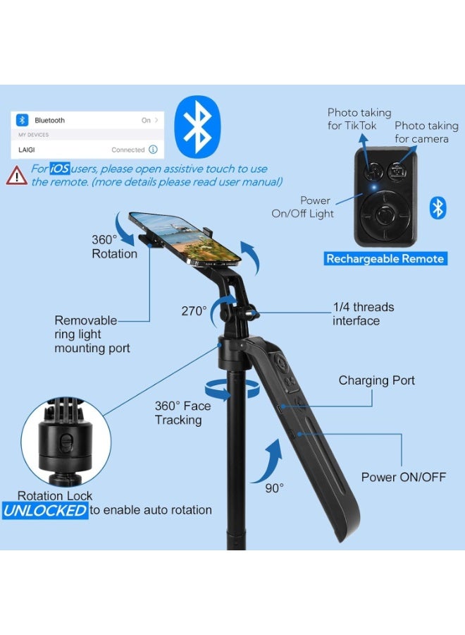 منتقي 70.9" AI Auto Face Tracking Tripod with Light, 360° Rotation Phone Holder Stand, Remote & Gesture Control, Extendable Selfie Stick for iPhone/Android, GoPro, Vlogging, TikTok, YouTube, Live Streaming - Image 5