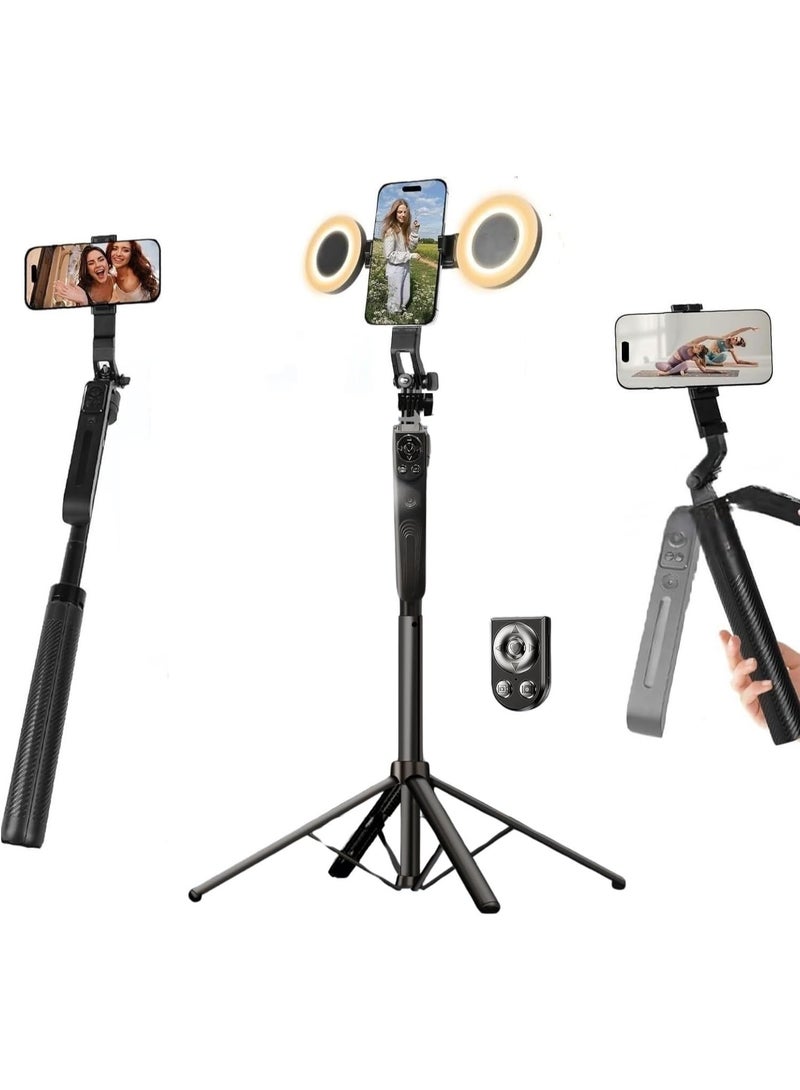 منتقي 70.9" AI Auto Face Tracking Tripod with Light, 360° Rotation Phone Holder Stand, Remote & Gesture Control, Extendable Selfie Stick for iPhone/Android, GoPro, Vlogging, TikTok, YouTube, Live Streaming - Image 1