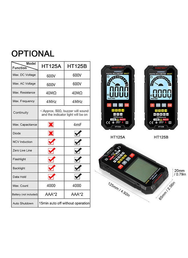 HABOTEST - HT125A Smart Digital Multimeter 4000 Counts True RMS Auto Ranging Voltage Meter - Image 1
