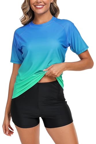 Halcurt Womens 2 Piece Bathing Suits with Shorts Swim Shirt and Short Sleeve Rashguard Built in Bra Ombre Blue 2XL - Image 1
