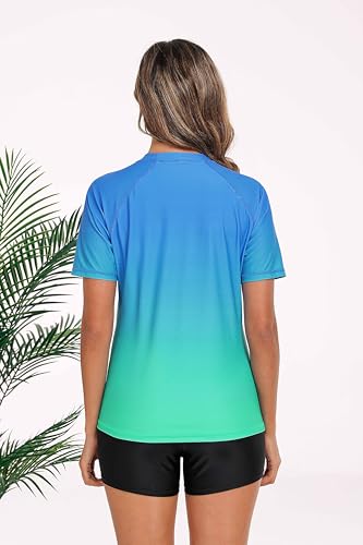 Halcurt Womens 2 Piece Bathing Suits with Shorts Swim Shirt and Short Sleeve Rashguard Built in Bra Ombre Blue 2XL - Image 2