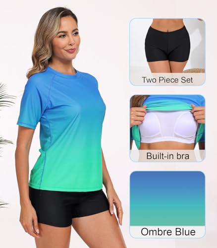 Halcurt Womens 2 Piece Bathing Suits with Shorts Swim Shirt and Short Sleeve Rashguard Built in Bra Ombre Blue 2XL - Image 4