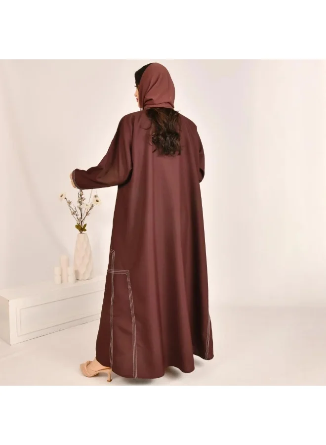 lamha abaya Brown wrap blazer abaya with white geometric embroidery