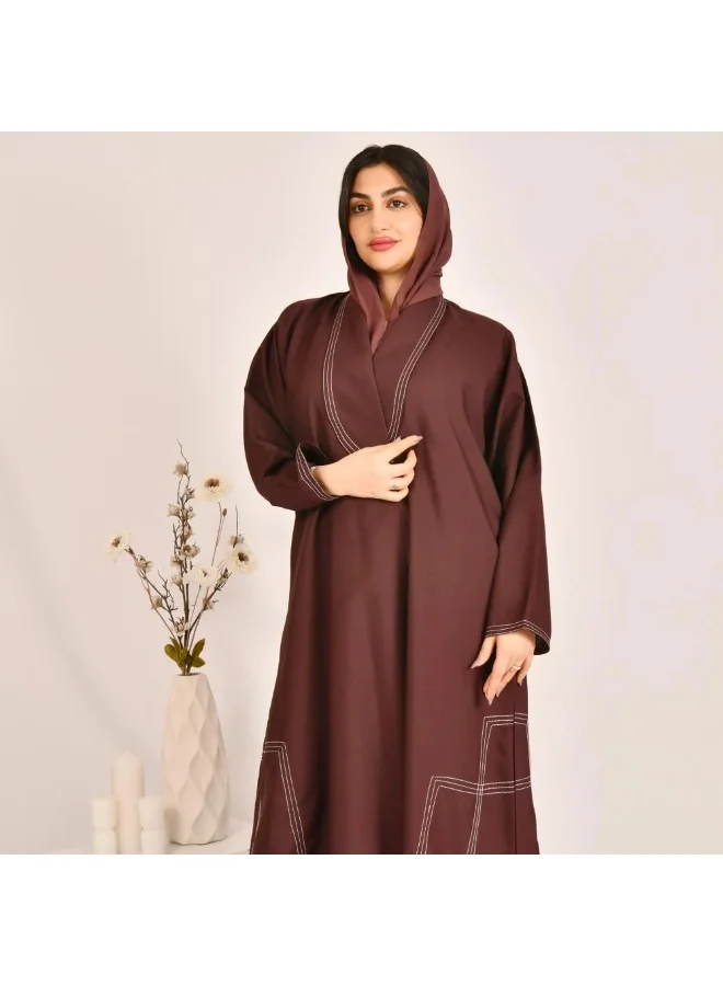 lamha abaya Brown wrap blazer abaya with white geometric embroidery
