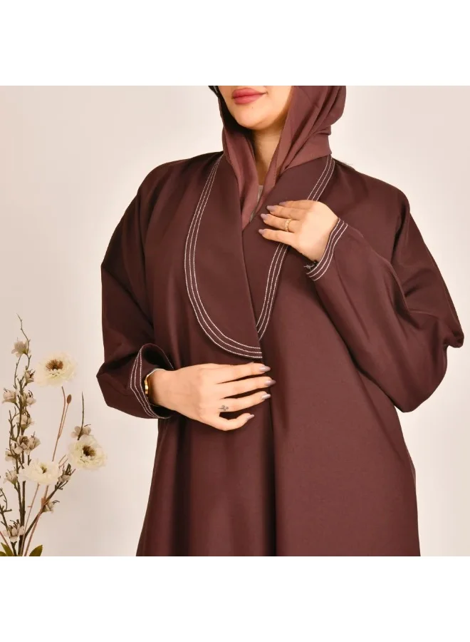lamha abaya Brown wrap blazer abaya with white geometric embroidery