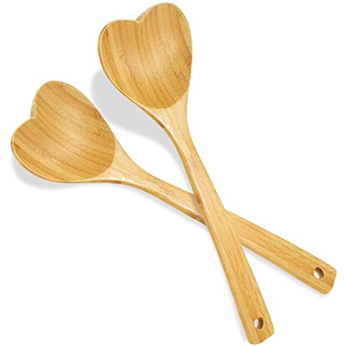 Patelai 2 Pieces Wooden Heart Spoons for Cooking 12.2 Inch Bamboo Spoon Kitchen Utensils for Housewarming, Valentines, Birthday, Wedding Gifts