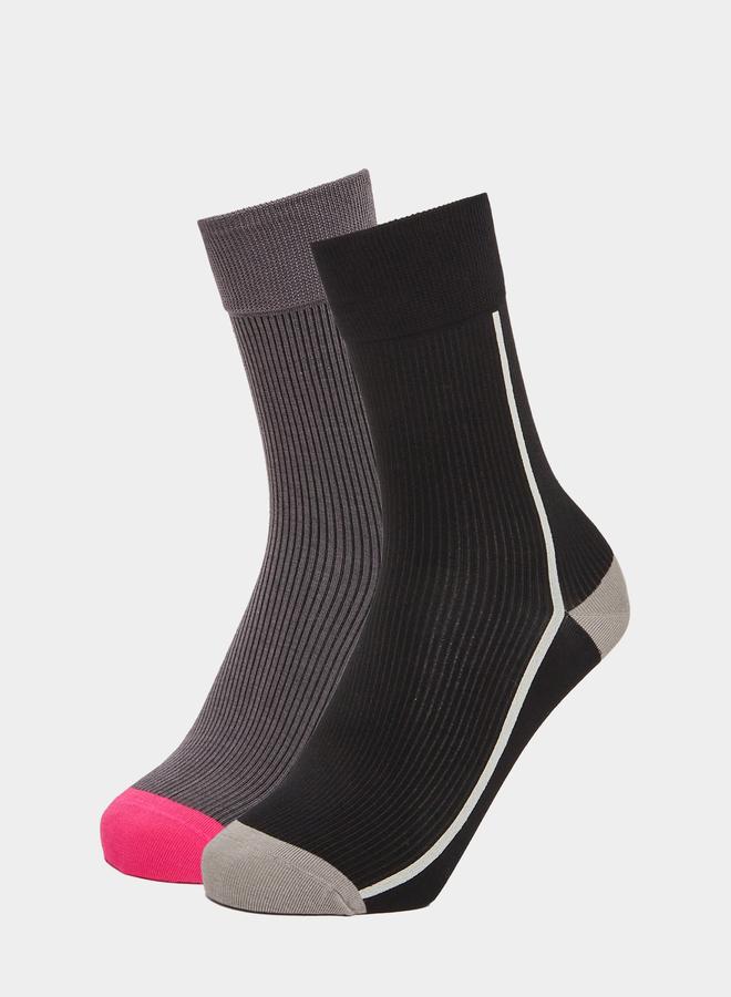 ستايلي طقم من زوجين جوارب مضلعة بحواف متباينة - Image 1