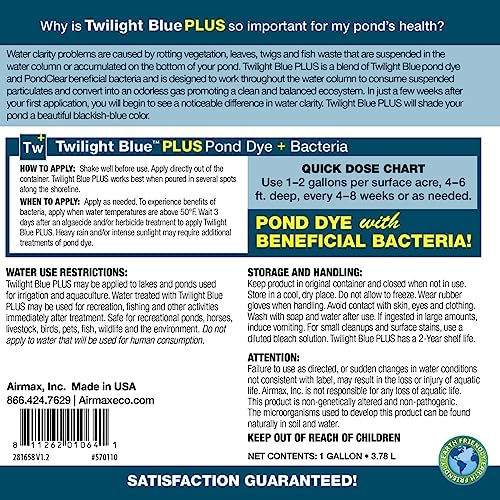 Airmax Pond Dye Plus, Twilight Blue Colorant & Natural Beneficial Bacteria, Large Pond & Lake Water Clarifier & Color Treatment, Shade Plants & Algae from Sunlight, Fish & Livestock Safe, 1 Gallon - Image 2