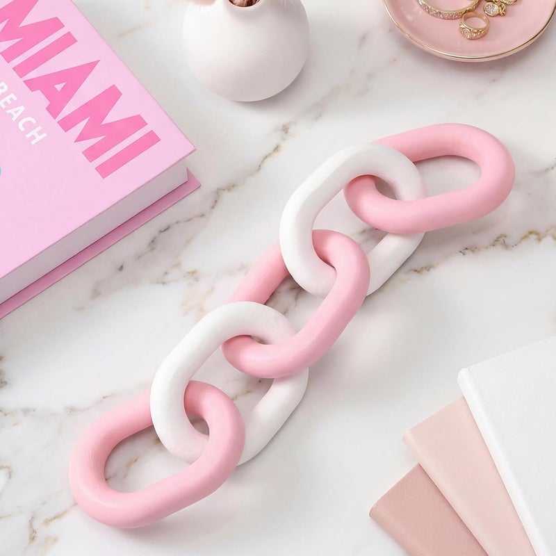 Queekay Safe material Queekay Decorative Wood Chain Link Decor Rustic 5 Link Wooden Chain Decor Ornament Farmhouse Home Decoration Hand Carved Wooden Crafts Ornaments for Coffee Table(Pink White,13.78 Inch) All space matching look - Image 1