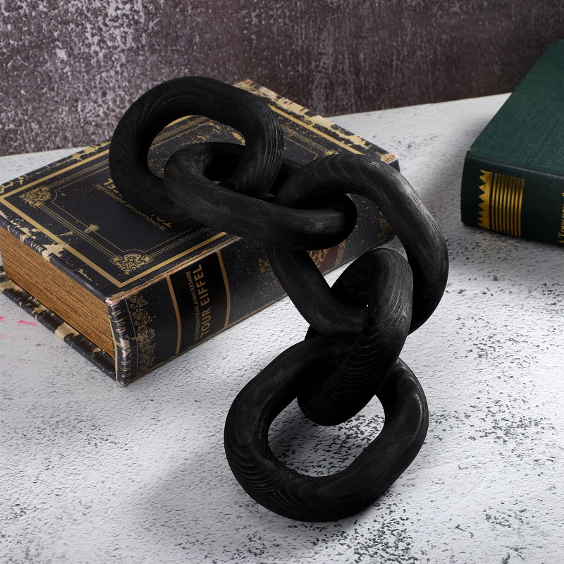 Queekay Decorative Wood Chain Link Decor Rustic Wooden 5 Link Wooden Chain Decor Ornament Farmhouse Home Decoration Hand Carved Wood Crafts Ornaments for Coffee TableBlack