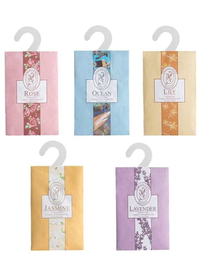 Generic - 5 Scented Sachets with Hanging Hook, Natural Scented Bags, Wardrobe Fresheners for Wardrobe Closet Bathroom Car, Aromatherapy Bag, Lasting Fragrance (Jasmine, Rose, Lavender, Lily, Ocean) - Image 1