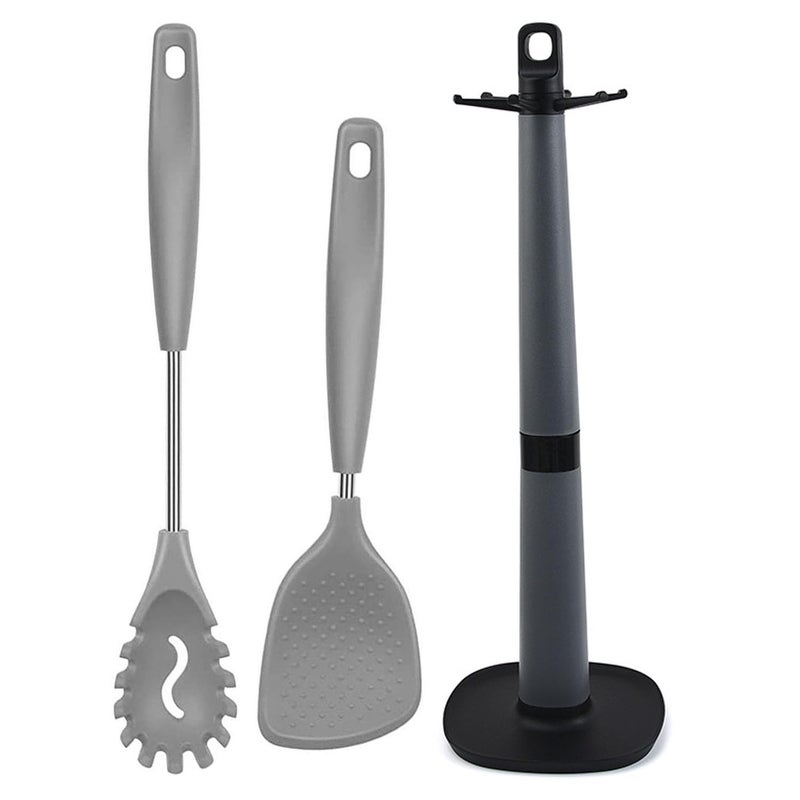 P-Plus International Silicone Pasta Fork - Noodle Spoon Server Rice Serving Spoons Non Stick Rice Spoon Spatula Holder - Karandi Stand for Kitchen Rice Paddle Versatile Cooking Spoon (Set of 3, Grey) - Image 1