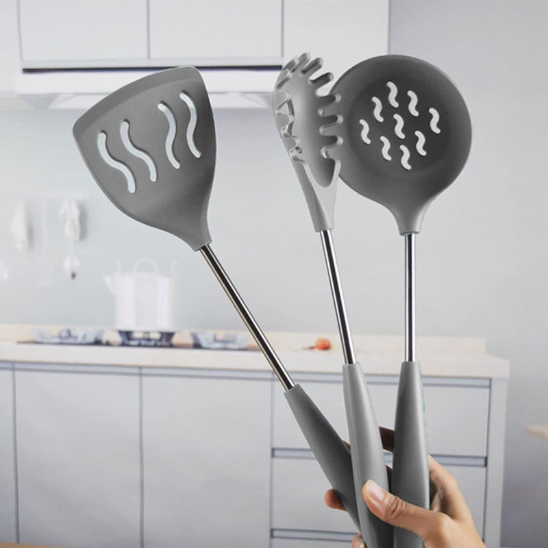 P-Plus International Silicone Pasta Fork - Noodle Spoon Server Rice Serving Spoons Non Stick Rice Spoon Spatula Holder - Karandi Stand for Kitchen Rice Paddle Versatile Cooking Spoon (Set of 3, Grey) - Image 5
