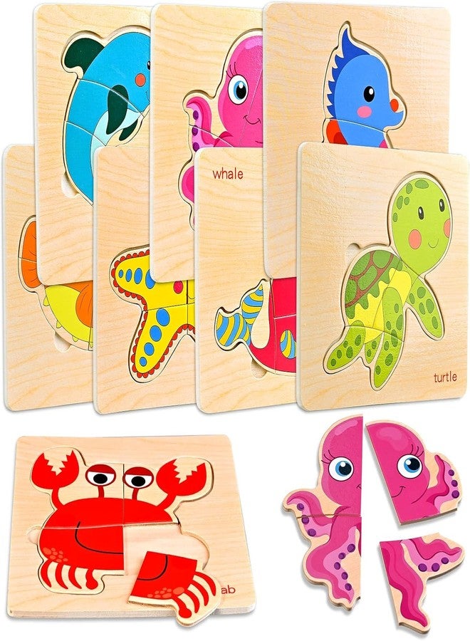 Faburo 8pcs Wooden Puzzles for Toddlers 1-3, Toddler Puzzles Ages 2-4, Montessori Toys for 1-3+ Years Girl Boy, Sea Animal Puzzle for Kids, Jigsaw Puzzle Educational Toys Preschool for 1-4 - Image 1