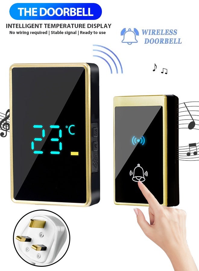 Waterproof Wireless Doorbell with Temperature display LED Flash, Over 1000 Feet Range, 56 Sounds and 5 Levels of Volume,1 Receivers and 1 Transmitter Cordless Doorbell for Home, Office, Apartment, Hotel, Warehouse and Anti-Theft Gold Black - Image 1