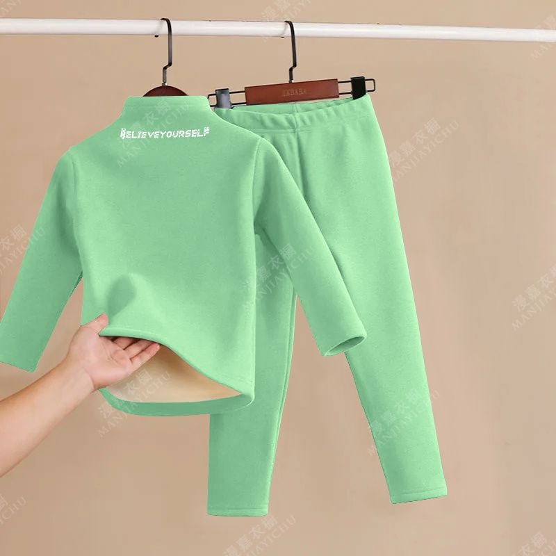 Childrens Thermal Underwear fleece-lined Thickened suit Middle and Big Children Boys Girls Warm Base Heating Autumn Clothes Autumn Pants Winter Green letter el [q3 set] 