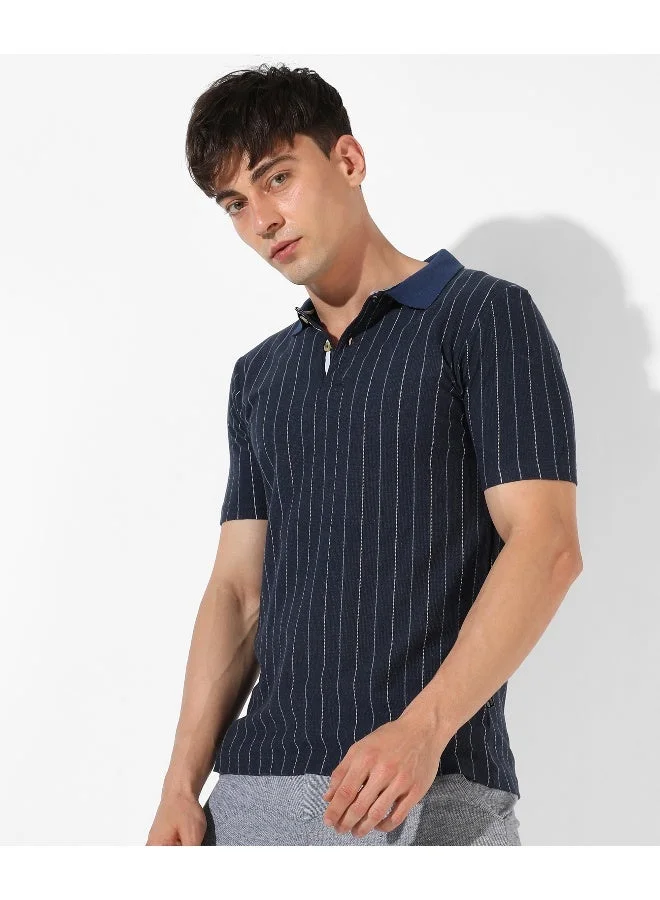 Men's Navy Blue Striped Regular Fit Casual T-Shirt