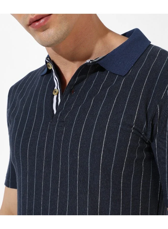 CAHOOT  Men's Navy Blue Striped Regular Fit Casual T-Shirt for Men | Best Price UAE