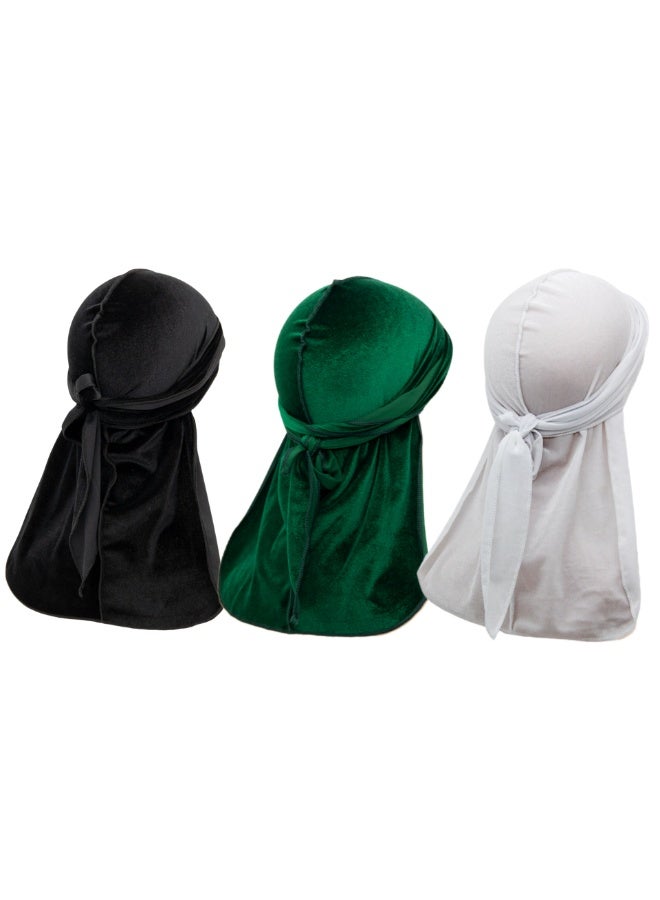 نوفولان مجموعة من 3 قطع من أغطية الرأس الحريرية الناعمة للرجال والنساء، لفافة 360 درجة لتصفيفات الشعر المتموجة، تتضمن ذيلًا طويلًا وأشرطة، باللونين الأسود والأبيض والأخضر، مثالية لحماية الشعر والحصول على مظهر عصري، مقاس واحد - Image 1