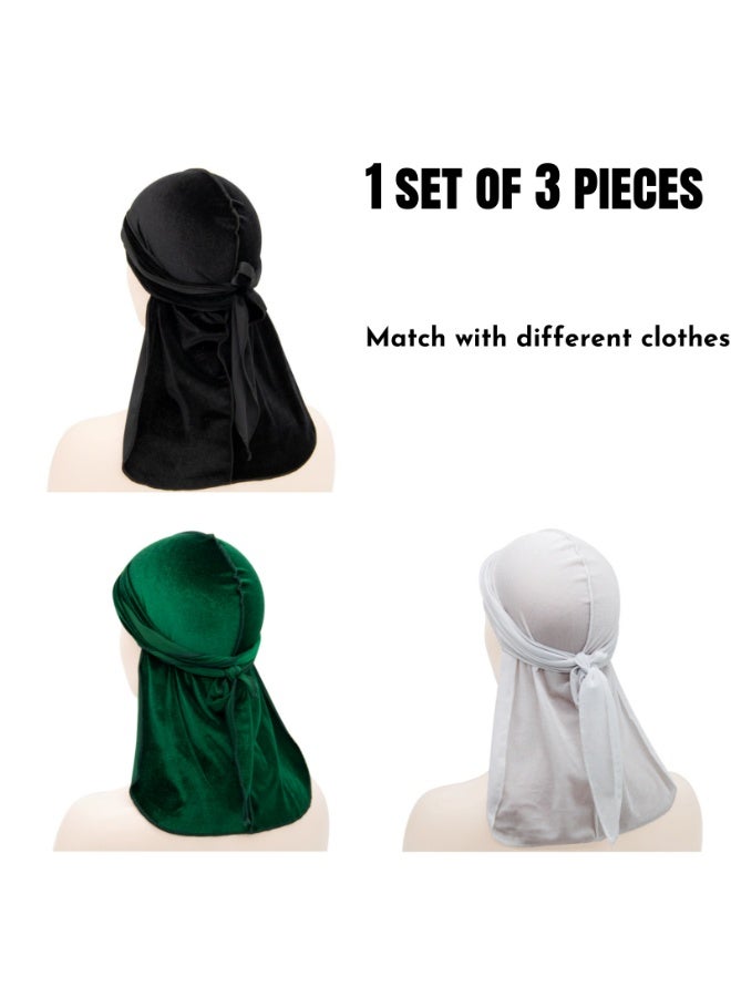 نوفولان مجموعة من 3 قطع من أغطية الرأس الحريرية الناعمة للرجال والنساء، لفافة 360 درجة لتصفيفات الشعر المتموجة، تتضمن ذيلًا طويلًا وأشرطة، باللونين الأسود والأبيض والأخضر، مثالية لحماية الشعر والحصول على مظهر عصري، مقاس واحد - Image 2