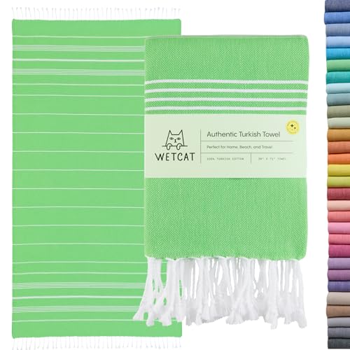 WETCAT Turkish Beach Towel Oversized (38"x71") 100% Turkish Cotton, Made in Turkey - Sand Free, Extra Large, Ultra Soft, Quick Drying, Compact & Lightweight for Travel - Lime Green - Image 1