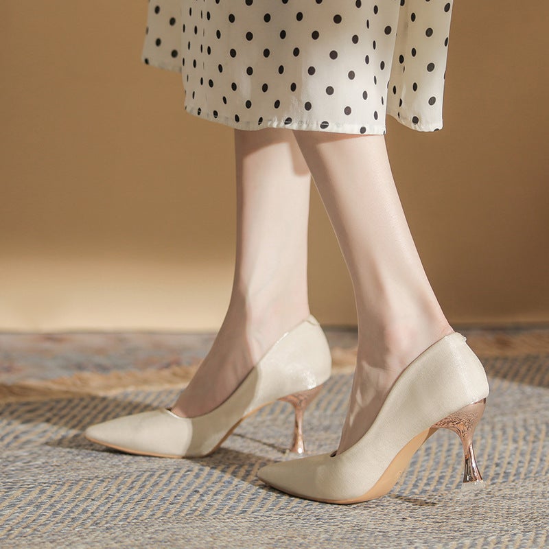 2022 French High Heels Women'S Stiletto Spring & Fall New Versatile Wedding Shoes Bridesmaid Engagement Xiuhe Apricot Pointed Toe Shoes - Image 5