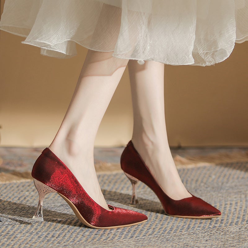 2022 French High Heels Women'S Stiletto Spring & Fall New Versatile Wedding Shoes Bridesmaid Engagement Xiuhe Apricot Pointed Toe Shoes - Image 3
