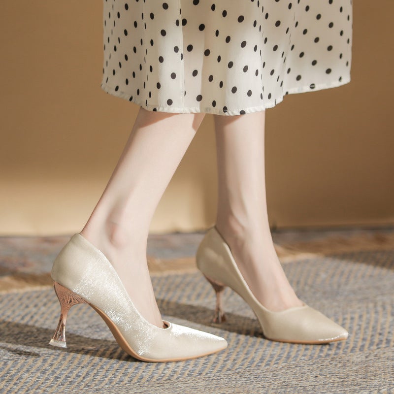2022 French High Heels Women'S Stiletto Spring & Fall New Versatile Wedding Shoes Bridesmaid Engagement Xiuhe Apricot Pointed Toe Shoes - Image 2