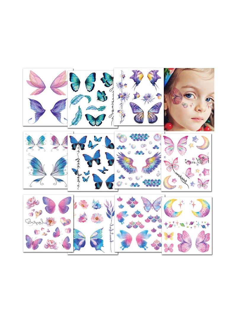 SOLARAE Glitter Butterfly Temporary Tattoos for Girls and Women, Waterproof Face Tattoos for Parties, Festivals, and Playdates - 12 Sheets of Fun Butterfly Party Favors! - Image 1