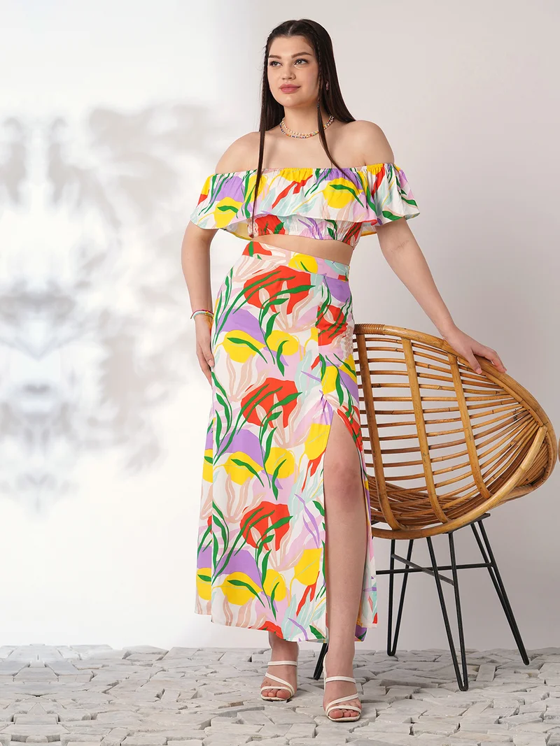 globus Women Multi Color Floral Print Off Shoulder Ruffle Fitted Crop Top With Side Slit Maxi Skirt Co-ord Set