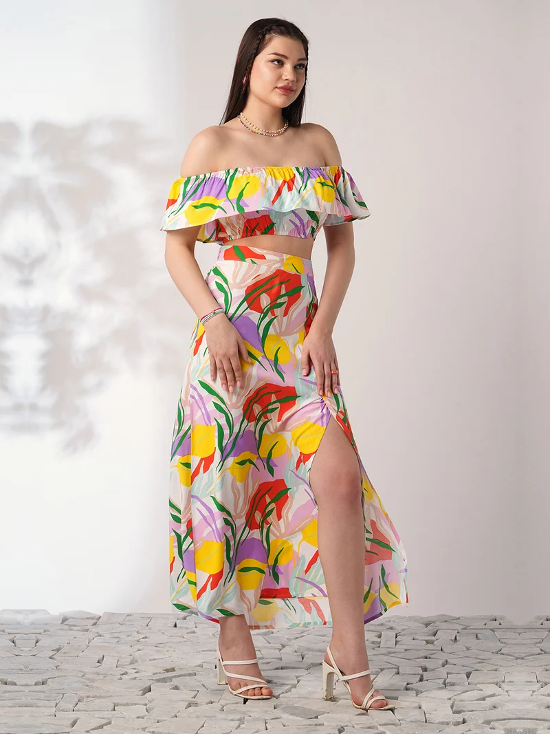 globus Women Multi Color Floral Print Off Shoulder Ruffle Fitted Crop Top With Side Slit Maxi Skirt Co-ord Set