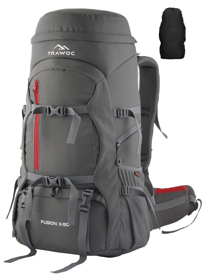 تراوك حقيبة سفر تراوك فيوجن إكس سعة 50 لترًا بإطار داخلي من الألياف، مفتوحة من الأمام والأعلى، مناسبة للمشي والتخييم والرحلات، حقيبة ظهر للرجال والنساء مزودة بغطاء للمطر وجيب للأحذية، رمادي SHK018 - Image 1