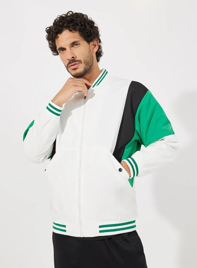Styli Retro Color Block Bomber Jacket with Rib Detail