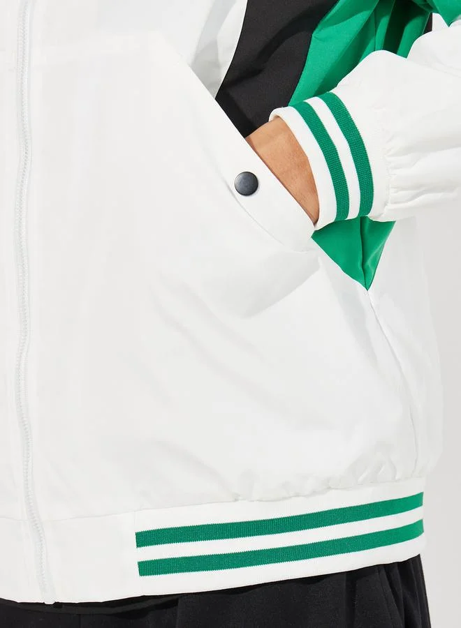 Styli Retro Color Block Bomber Jacket with Rib Detail