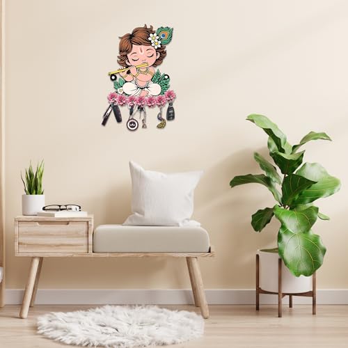 Crown Decoz Little Krishna Wooden Key Holder for Wall - 7 Metal Hooks Laddu Gopal Key Stand & Chabi Stand | Stylish Key Chain Hanger & Organizer for Home Decor, Office, Living Room (Multi, 21x17 cm) - Image 3