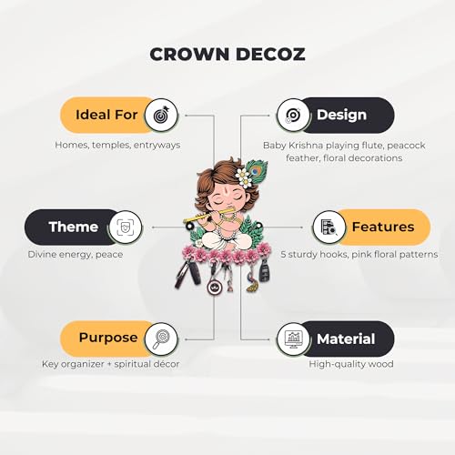 Crown Decoz Little Krishna Wooden Key Holder for Wall - 7 Metal Hooks Laddu Gopal Key Stand & Chabi Stand | Stylish Key Chain Hanger & Organizer for Home Decor, Office, Living Room (Multi, 21x17 cm) - Image 4