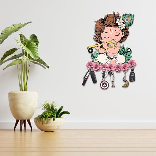 Crown Decoz Little Krishna Wooden Key Holder for Wall - 7 Metal Hooks Laddu Gopal Key Stand & Chabi Stand | Stylish Key Chain Hanger & Organizer for Home Decor, Office, Living Room (Multi, 21x17 cm) - Image 2