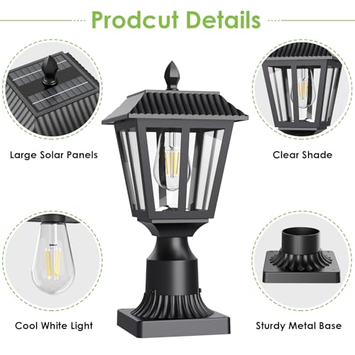 Greluna Solar Post Lights, Dusk to Dawn Solar Lamp Post Light with Pier Mount Base, Post Lights Outdoor Waterproof for Garden Yard Landscape Pole Pillar (Cool White) - Image 5