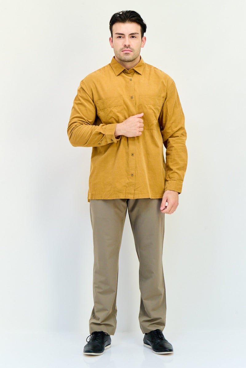 Selected Homme Men Drop Shoulder Fit Plain Long Sleeve Casual Shirt, Brown - Image 4