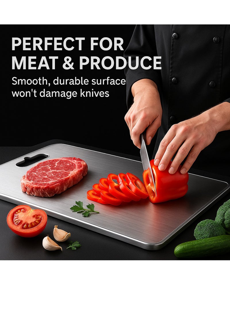 سوق التفاح الذهبي عبوة من 3 ألواح تقطيع من الفولاذ المقاوم للصدأ 304 عالية التحمل للمطبخ، ألواح تقطيع مزدوجة الجوانب غير قابلة للانزلاق للحوم والخضروات والفواكه والجبن، سهل التنظيف، مقاومة للخدوش، مضادة للعفن (30*40*0.2) - Image 2