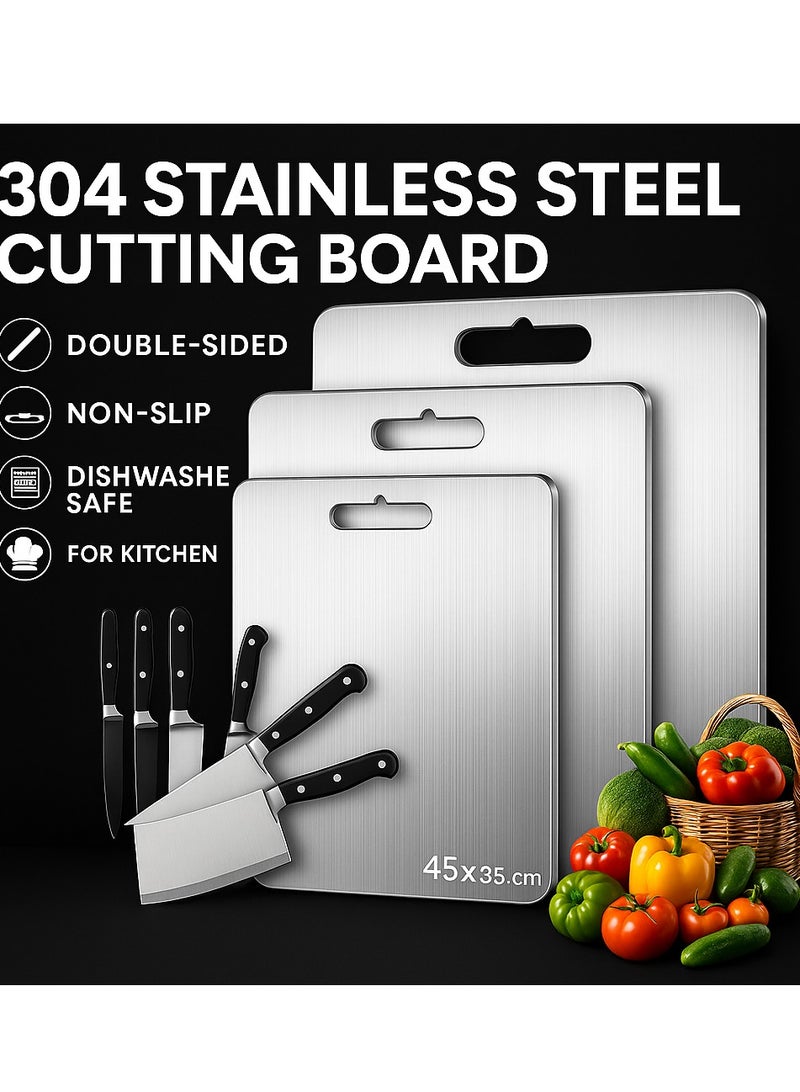 سوق التفاح الذهبي عبوة من 3 ألواح تقطيع من الفولاذ المقاوم للصدأ 304 عالية التحمل للمطبخ، ألواح تقطيع مزدوجة الجوانب غير قابلة للانزلاق للحوم والخضروات والفواكه والجبن، سهل التنظيف، مقاومة للخدوش، مضادة للعفن (30*40*0.2) - Image 5