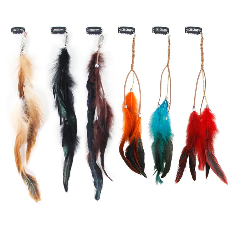 Aosome Feather Hair Clips Handmade Hippie Feather Extensions with Clip Comb Tribal Feather Braided Beads Headdress 6 PCS