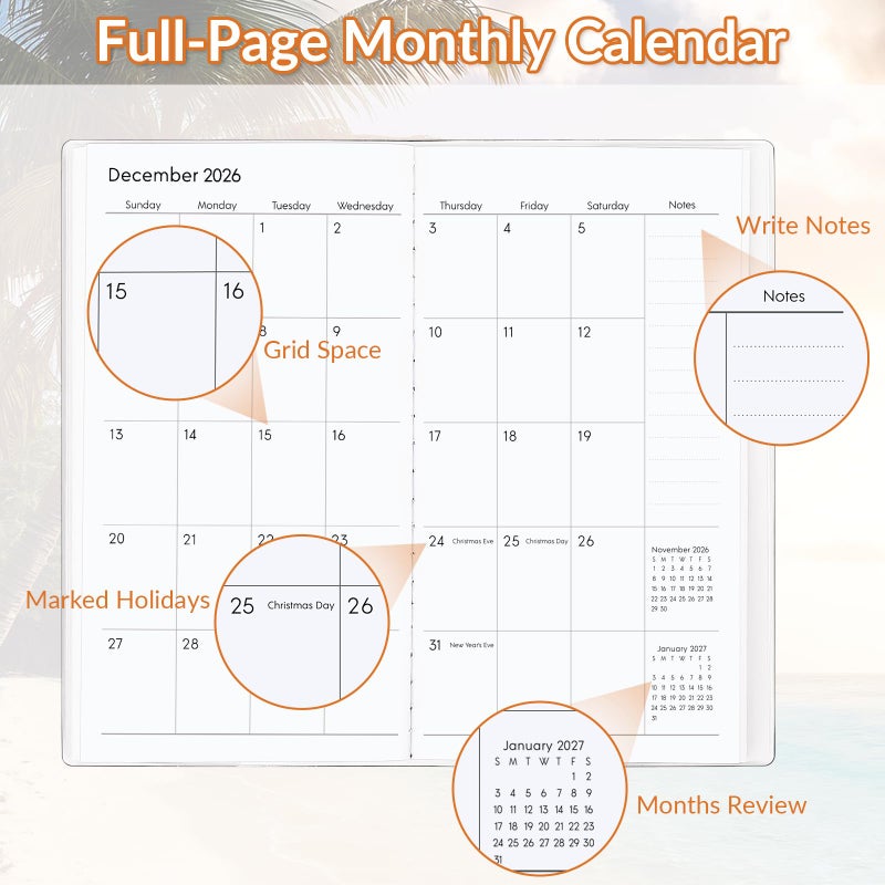 Zuozee Pocket Calendar 2026-2027, Purse Monthly Planner - 3.7" x 6.7" - Runs from January 2026 Until December 2027, Calendar Planner with Beach PVC Cover for Office - Image 2