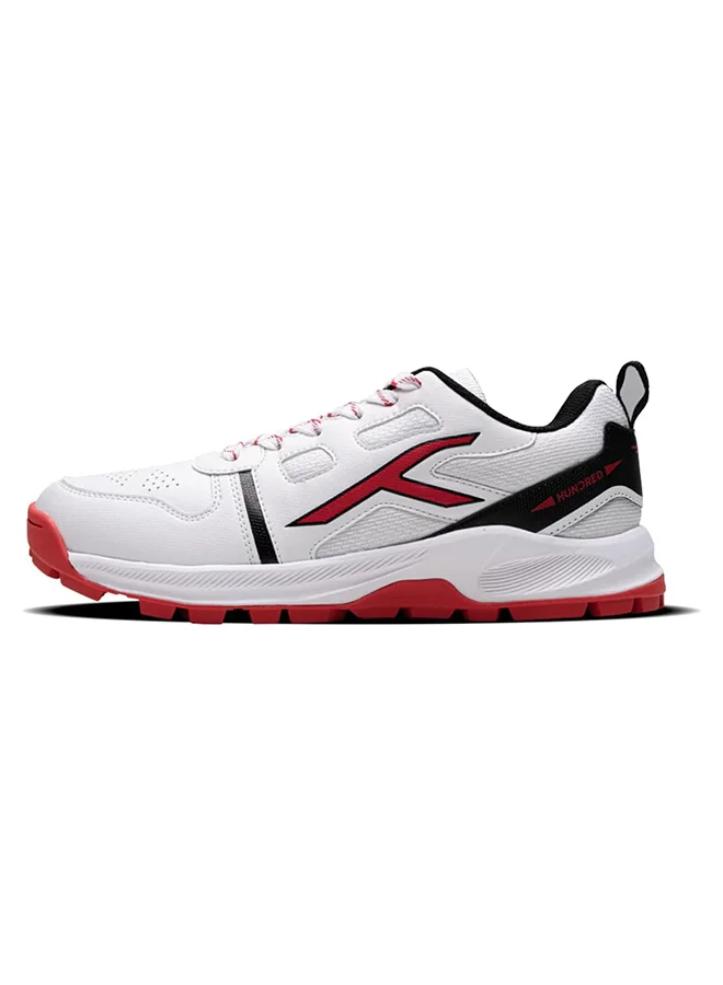 HUNDRED Hyperturf Cricket Shoes | Terraspike Rubber Studs | Embedded Support Plate For Stability | Lightweight & Durable | Ideal For Turf, Ground & Hard Surfaces (White/Black/Red ; Uk 5)